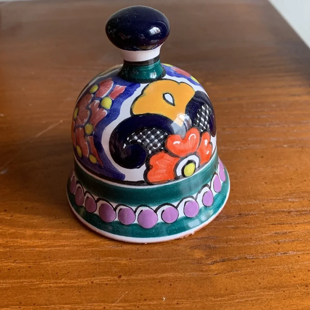Mexican Talevera Pottery Small Bell signed T. Aragon 8/13/2011 EUC - Picture 2 of 7